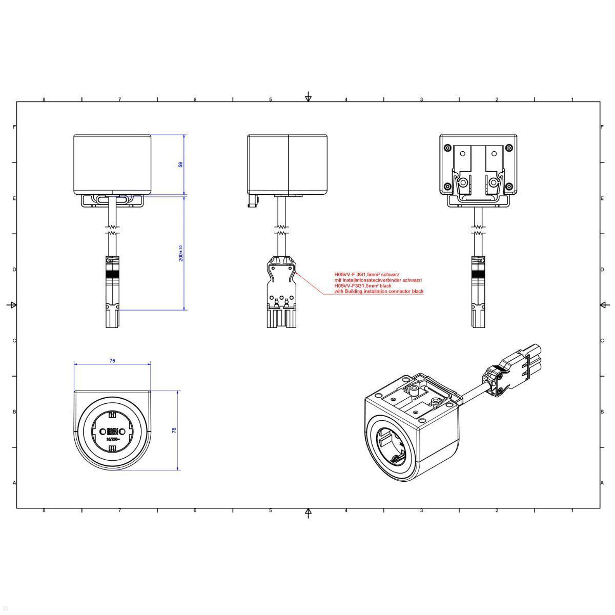 Bachmann PIX HOLDER SINGLE Steckdose für Möbel mit 1x CEE7/3, 0,2m Zuleitung (BM0020084), Montage ohne Ausschnitt