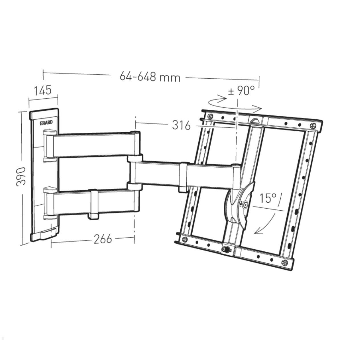 Erard WAM 400TW3 neigbare, schwenkbare TV Wandhalterung 40 - 80 Zoll Zeichnung