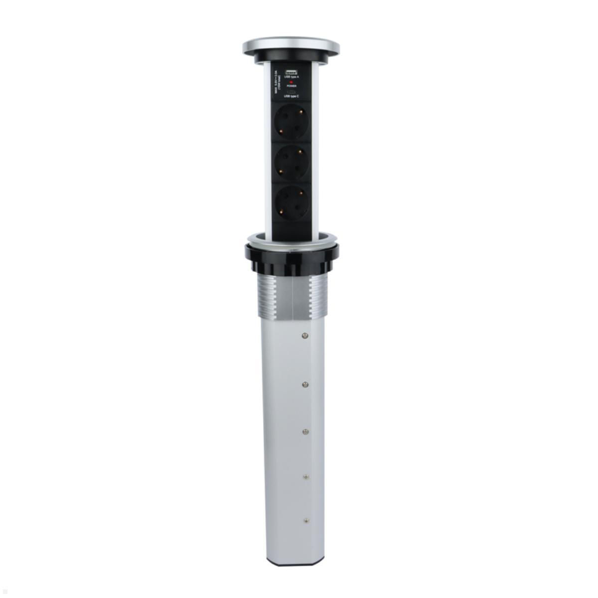 TecLines TVS006S versenkbare 3-fach Steckdosenleiste mit USB A/C, Qi, silber, ausfahrbare Steckdose TecLines TVS006S versenkbare 3-fach Steckdosenleiste mit USB A/C, Qi, silber, ausfahrbare Steckdose