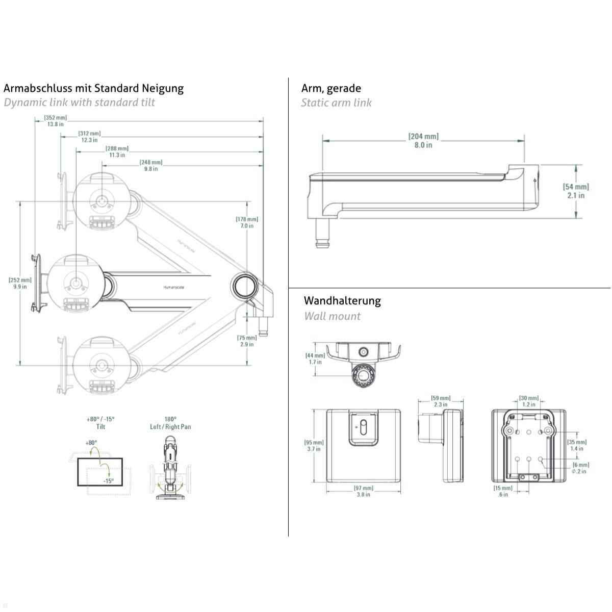 Humanscale M2.1 Laptop Wandhalterung mit Schwenkarm gerade, silber, technische Zeichnung Humanscale M2.1 Laptop Wandhalterung mit Schwenkarm gerade, silber, technische Zeichnung