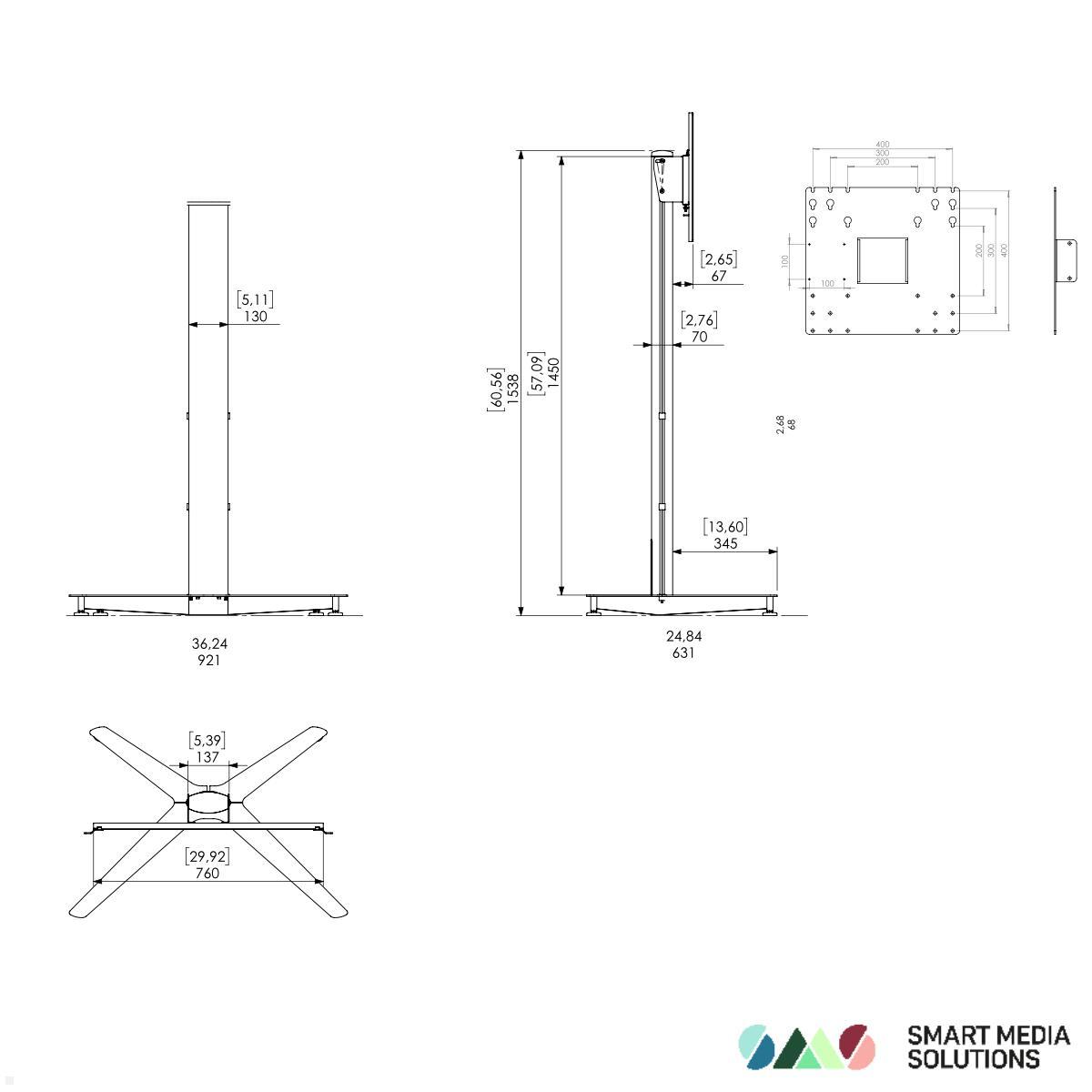 SMS Icon FH T 1450 C Monitorständer mit VESA Adapter bis 400x400 mm, silber techische Zeichnung SMS Icon FH T 1450 C Monitorständer mit VESA Adapter bis 400x400 mm, silber techische Zeichnung