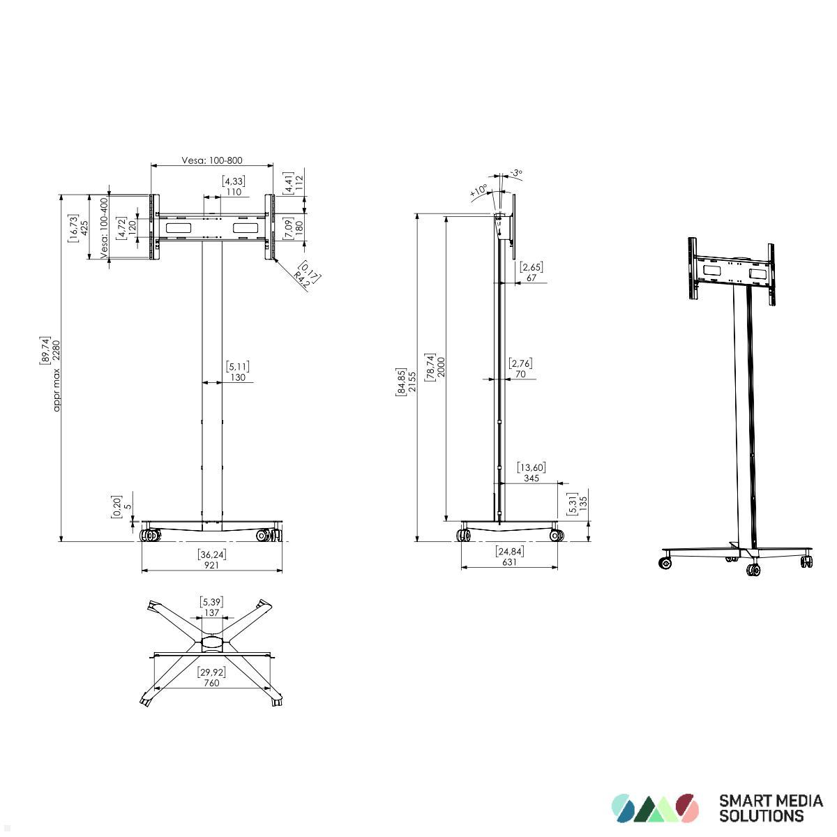 SMS Icon FH MT 2000 mobiler Monitorständer bis 75 Zoll, schwarz (K12-027-1) technische Zeichnung SMS Icon FH MT 2000 mobiler Monitorständer bis 75 Zoll, schwarz (K12-027-1) technische Zeichnung