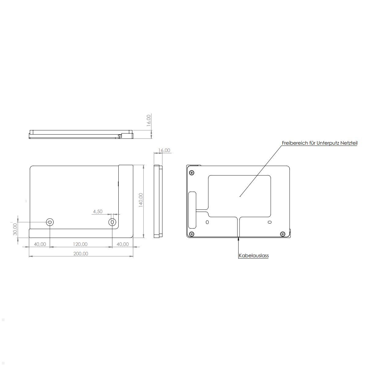 TabLines TWP021W Wandhalterung für Samsung Tab S8+ 12.4, weiß, Zeichnung Maße ohne Tablet TabLines TWP021W Wandhalterung für Samsung Tab S8+ 12.4, weiß, Zeichnung Maße ohne Tablet