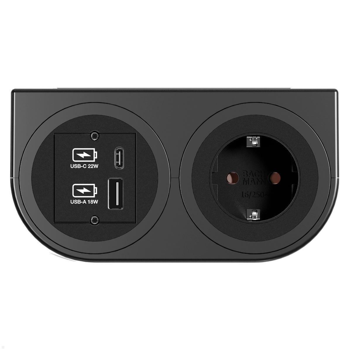 Bachmann PIX HOLDER DOUBLE Steckdose für Möbel mit 1x CEE7/3, 1x CM, 1x USB A/C, 2m Zuleitung (BM0020100), Steckdoseneinheit 2-fach schwarz