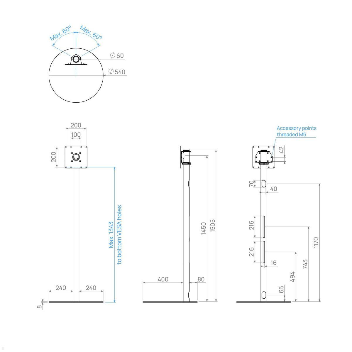 Cavus SPHERE150B22 TV Standfuß 32-65 Zoll, Säule 1500 mm, schwarz technische Zeichnung Cavus SPHERE150B22 TV Standfuß 32-65 Zoll, Säule 1500 mm, schwarz technische Zeichnung