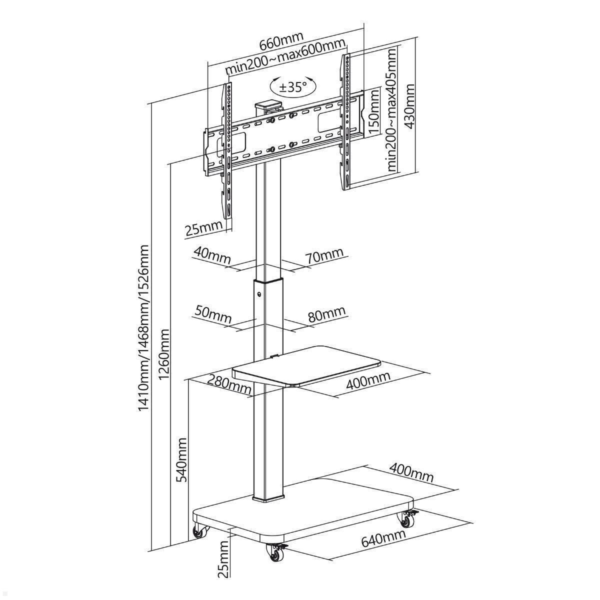 MonLines MBS011B TV Ständer auf Rollen mit Ablage bis 75 Zoll, schwarz technische Zeichnung MonLines MBS011B TV Ständer auf Rollen mit Ablage bis 75 Zoll, schwarz technische Zeichnung