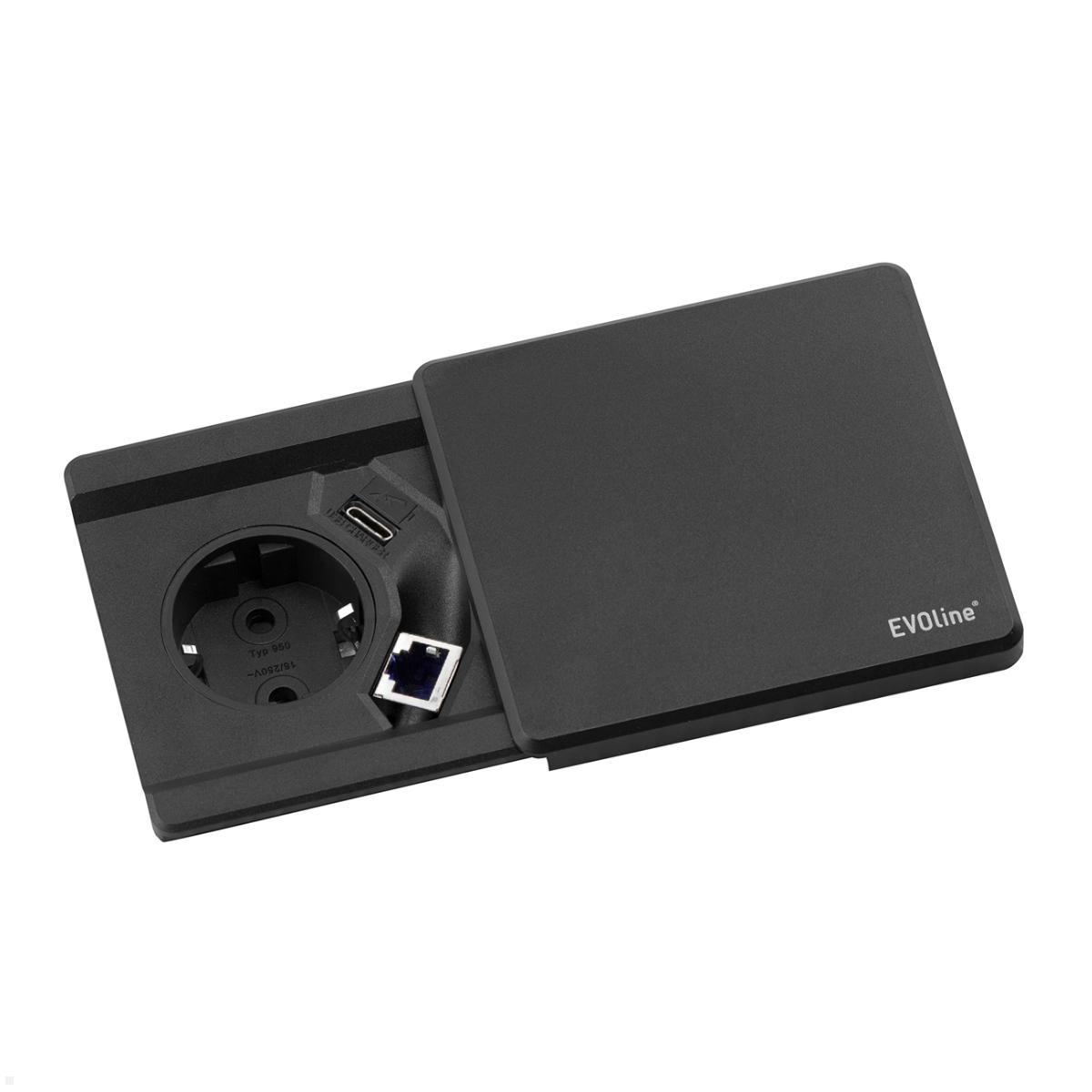 EVOline Square80 Einbausteckdose mit 1x USB-C, 1x CAT6 Buchse, schwarz