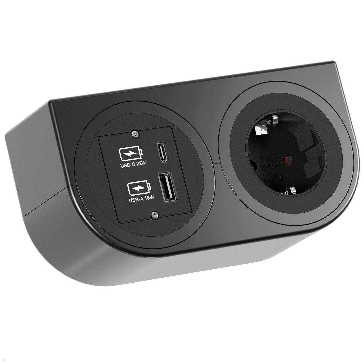 Bachmann PIX HOLDER DOUBLE Steckdose für Möbel mit 1x CEE7/3, 1x CM, 1x USB A/C, 2m Zuleitung (BM0020100), USB A/C Charger 22W Möbelsteckdose