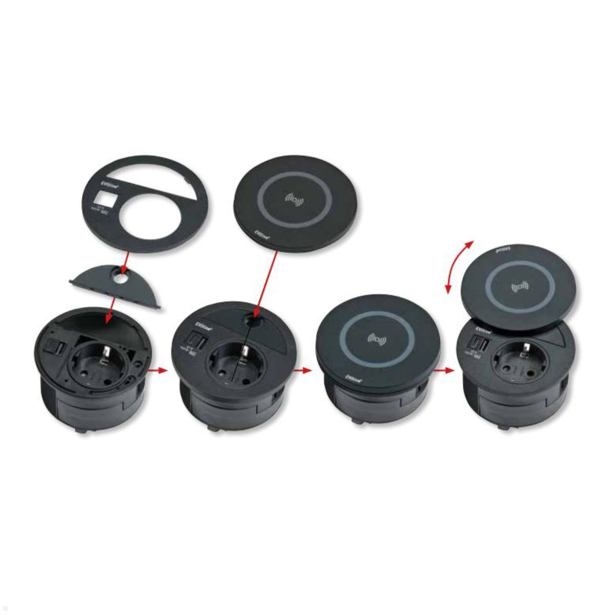 EVOline Circle80 Einbausteckdose mit USB-Charger C/C und DisQ Induktion-Charger, Funktionen
