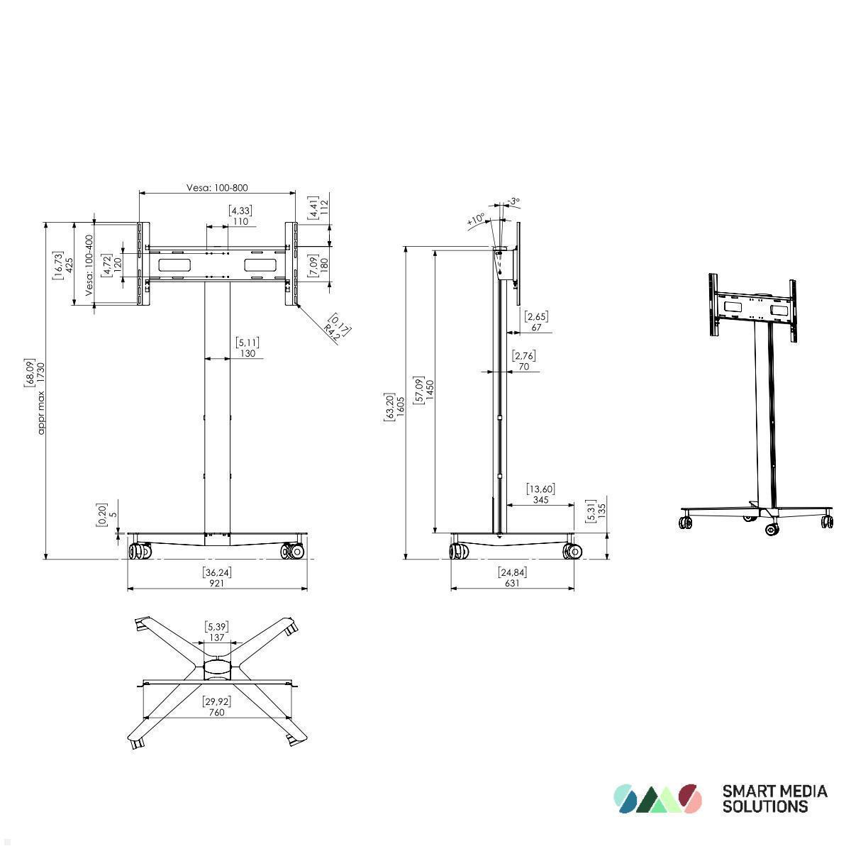 SMS Icon FH MT 1450 C Mobiler Monitorständer mit VESA Adapter bis 400x400 mm, silber technische Zeichnung Standfuß SMS Icon FH MT 1450 C Mobiler Monitorständer mit VESA Adapter bis 400x400 mm, silber technische Zeichnung Standfuß
