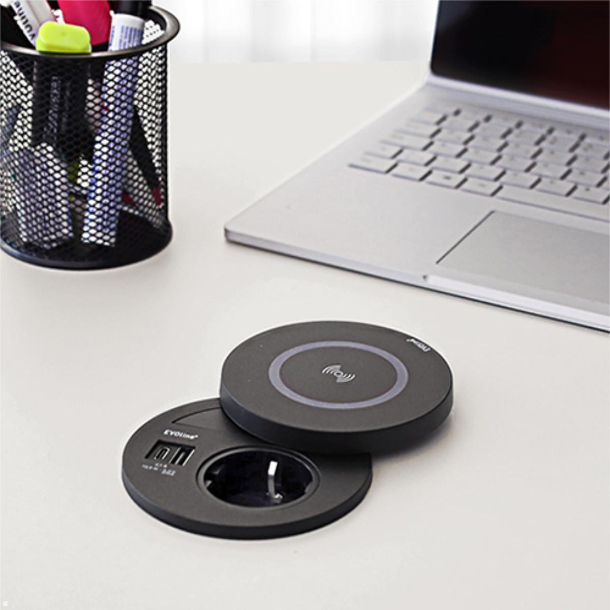 EVOline Circle80 Einbausteckdose mit USB-Charger C/C und DisQ Induktion-Charger, Anwendung