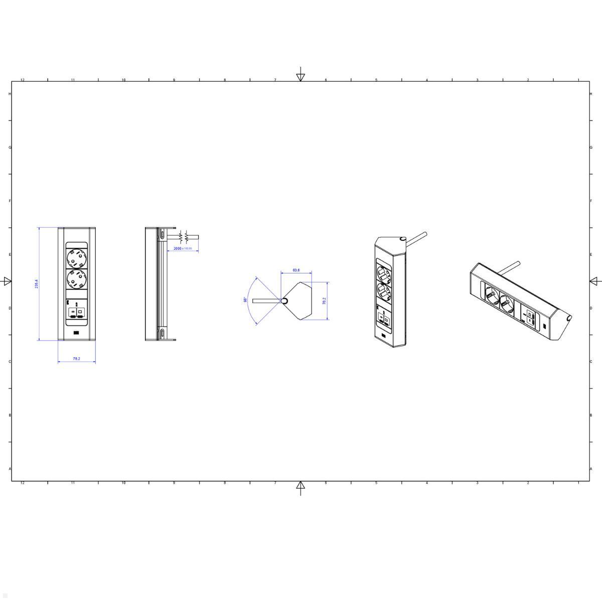 Bachmann CASIA 2 2x Steckdose 1x USB C/C 45W, 2m Zuleitung (BM0023172), Edelstahl Optik, Eckmontage