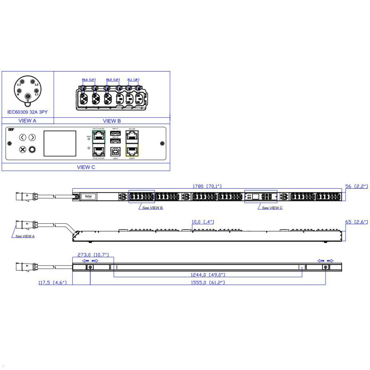 Legrand Raritan iX Rack-PDU 0U mit 18xC13 / 18xHDOT Cx, 3-phasig 400V 32A, Input Metered RCM (PX4-1699-E7M28V2), IEC 60309 Eingang 3-phasig