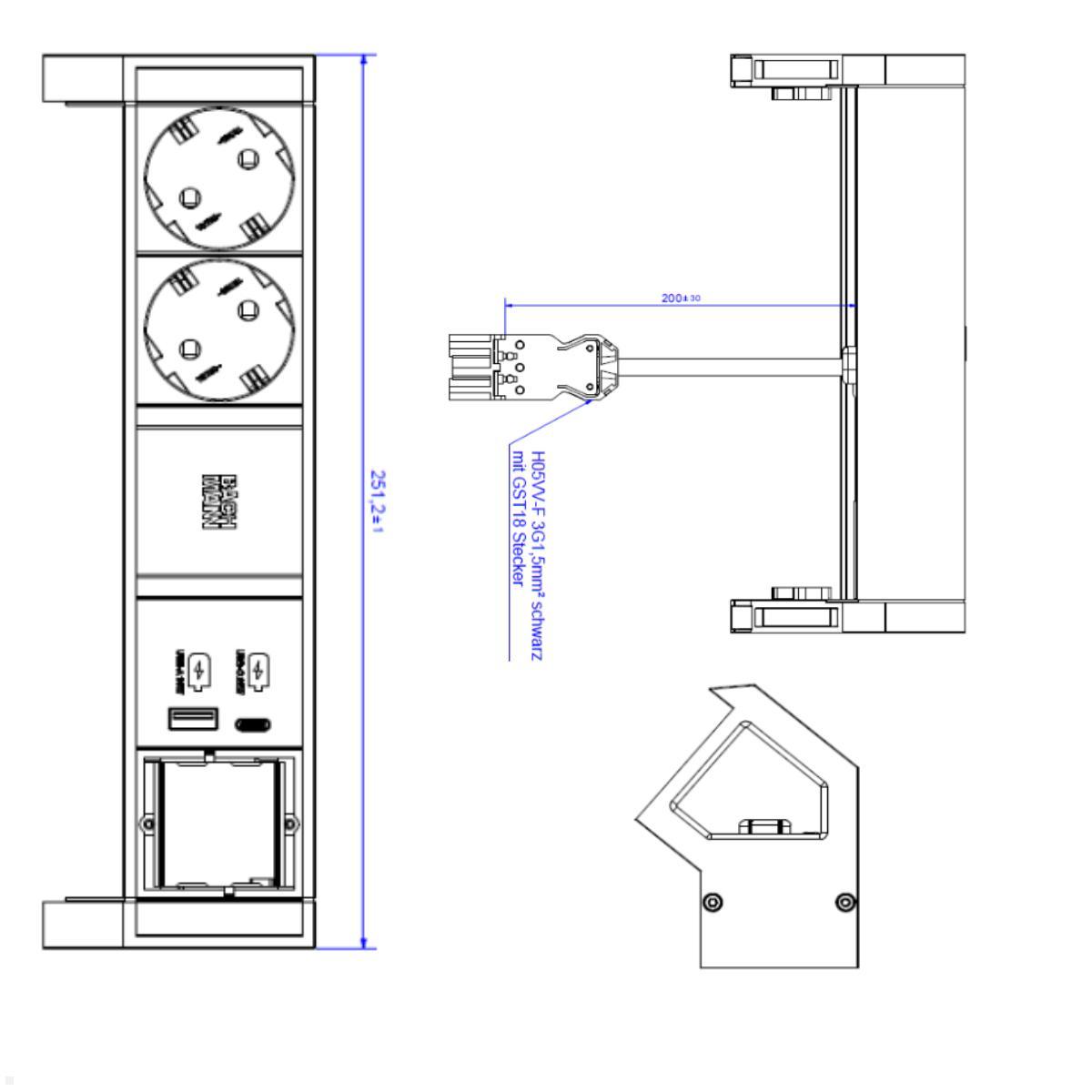 Bachmann DESK 2 - 2x Steckdose mit USB Charger A/C 2x CAT7 (902.9351), Maße