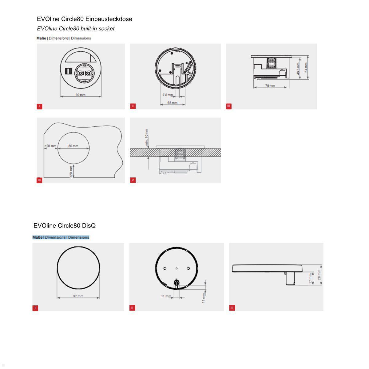 EVOline Circle80 Einbausteckdose mit USB-Charger C/C und DisQ Induktion-Charger, Maße
