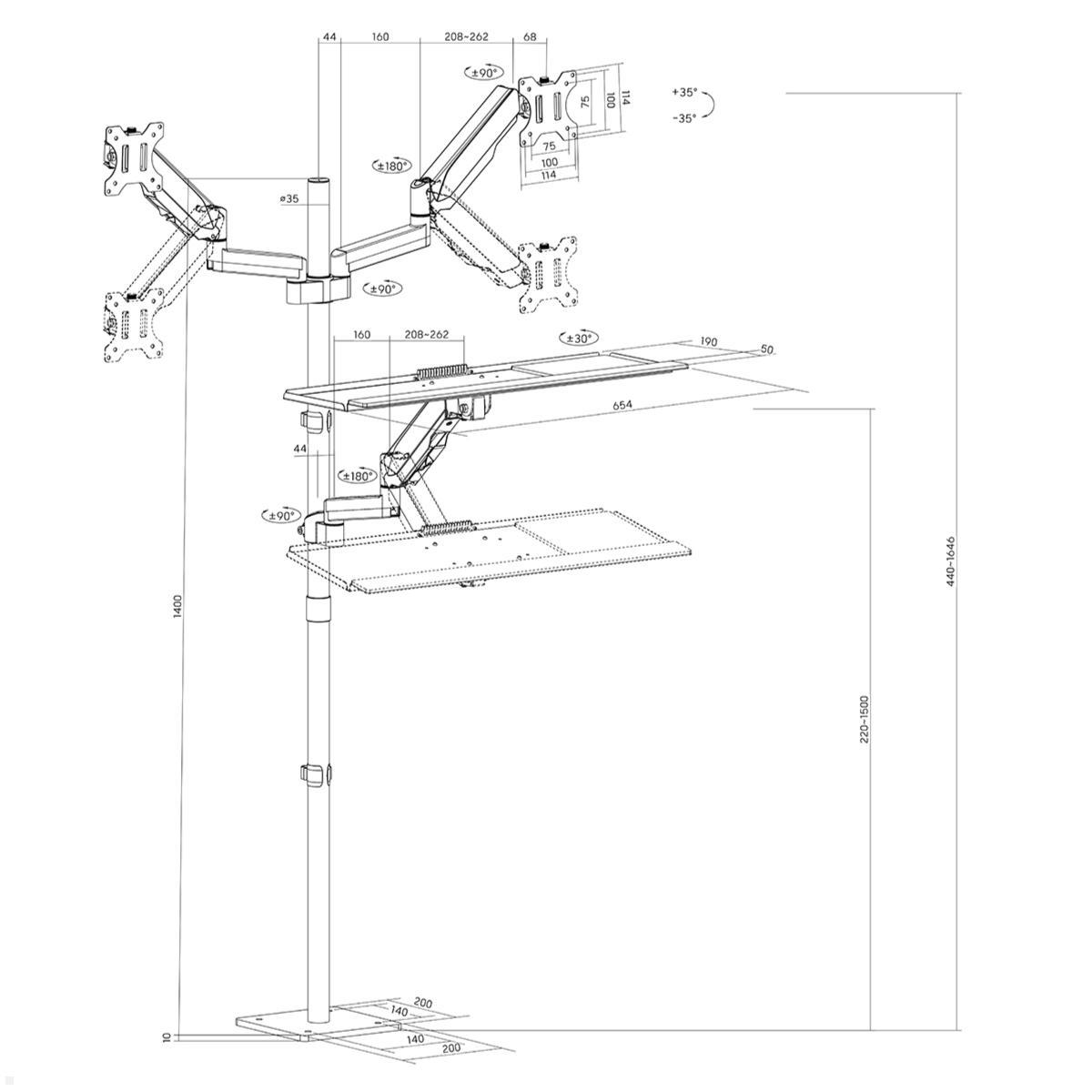 MonLines MBS020B dual Monitor Bodenstandfuß anschraubbar mit Tastaturhalterung, Maße MonLines MBS020B dual Monitor Bodenstandfuß anschraubbar mit Tastaturhalterung, Maße