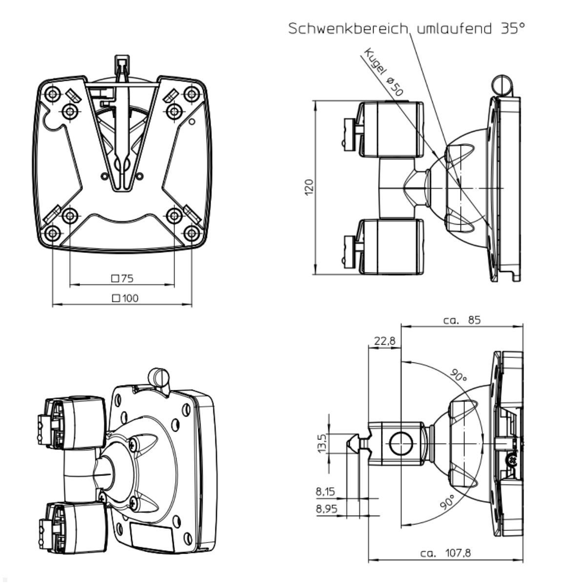 Novus TFC Monitorhalter Tragarm 145mm Zeichnung mit Maßen