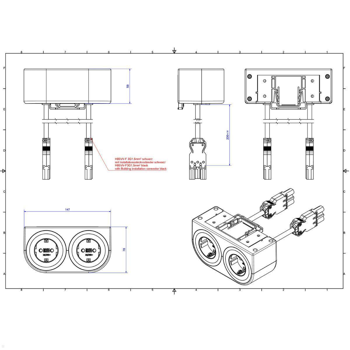 Bachmann PIX HOLDER DOUBLE Steckdose für Möbel mit 2x CEE7/3, 0,2m GST18 (BM0020103), Möbelelektrifizierung