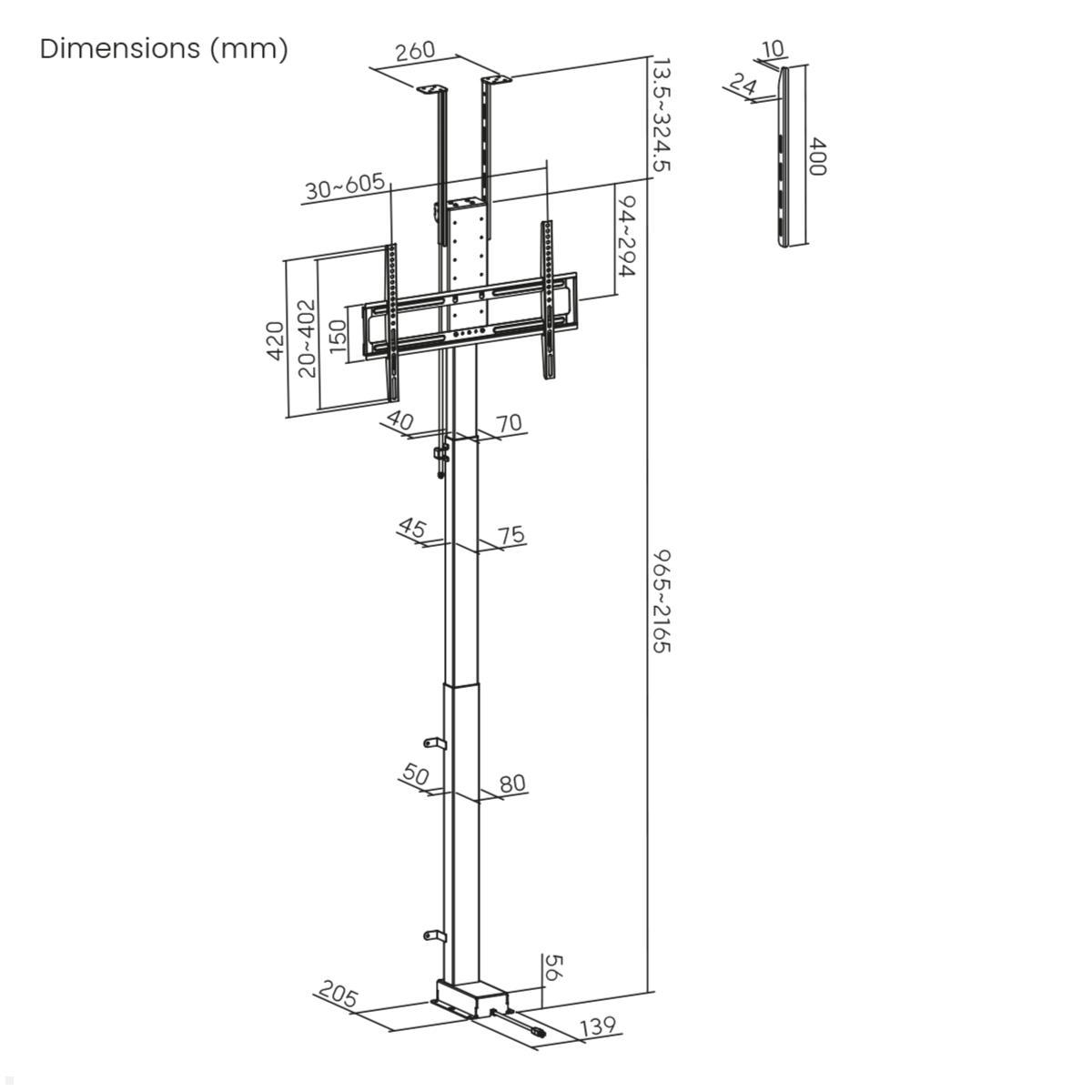 MonLines MLS038B Einbau TV Lift 43-88 Zoll, 1200 mm, Hub, schwarz, Maße