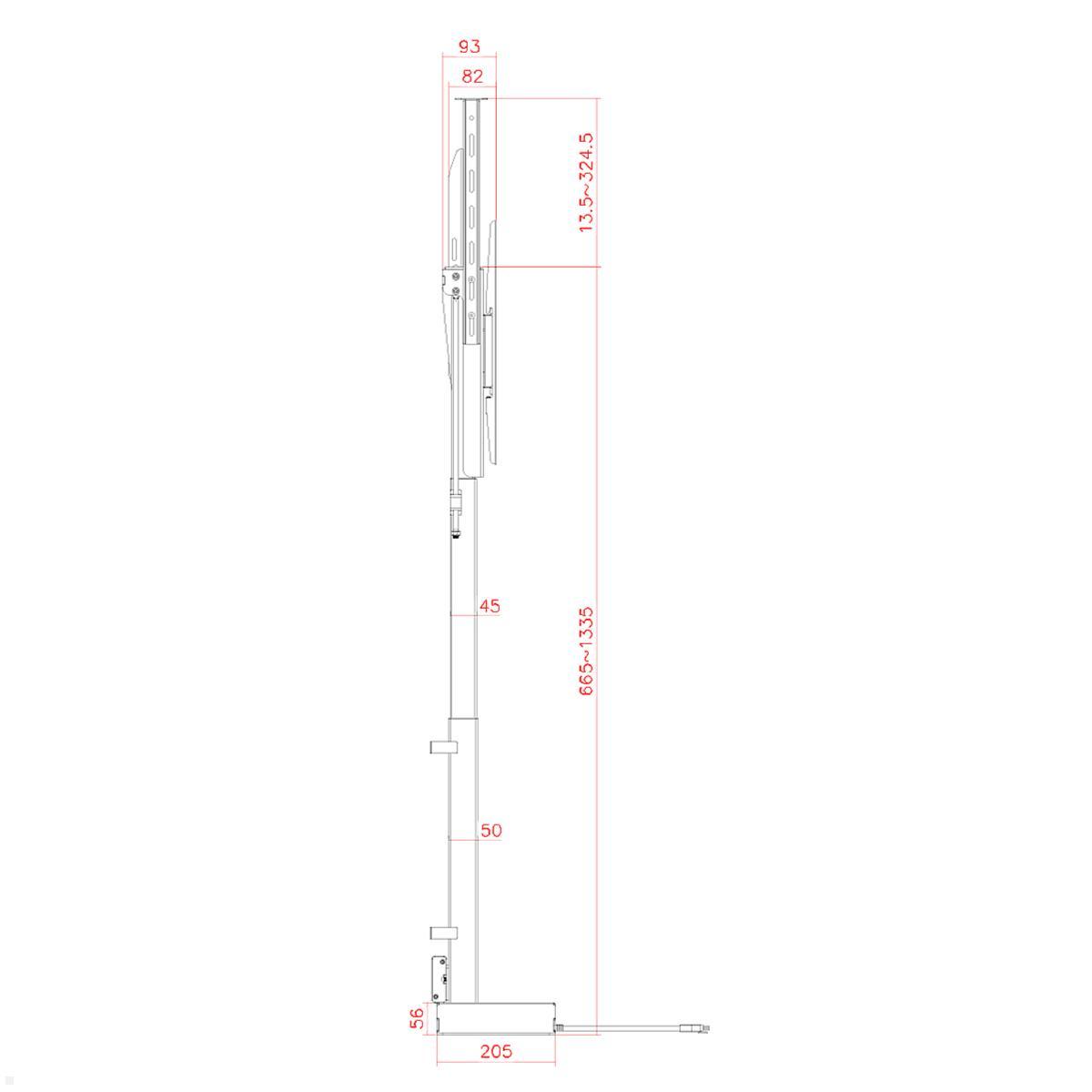 MonLines MLS036B Einbau TV Lift 32-48 Zoll, 670 mm Hub, schwarz, Maße Seitenansicht