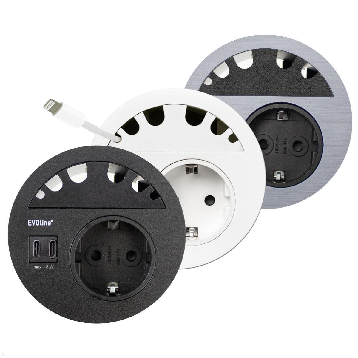 EVOline Circle80 Einbausteckdose mit USB-Charger C/C mit Kabelführung, Farbvarianten