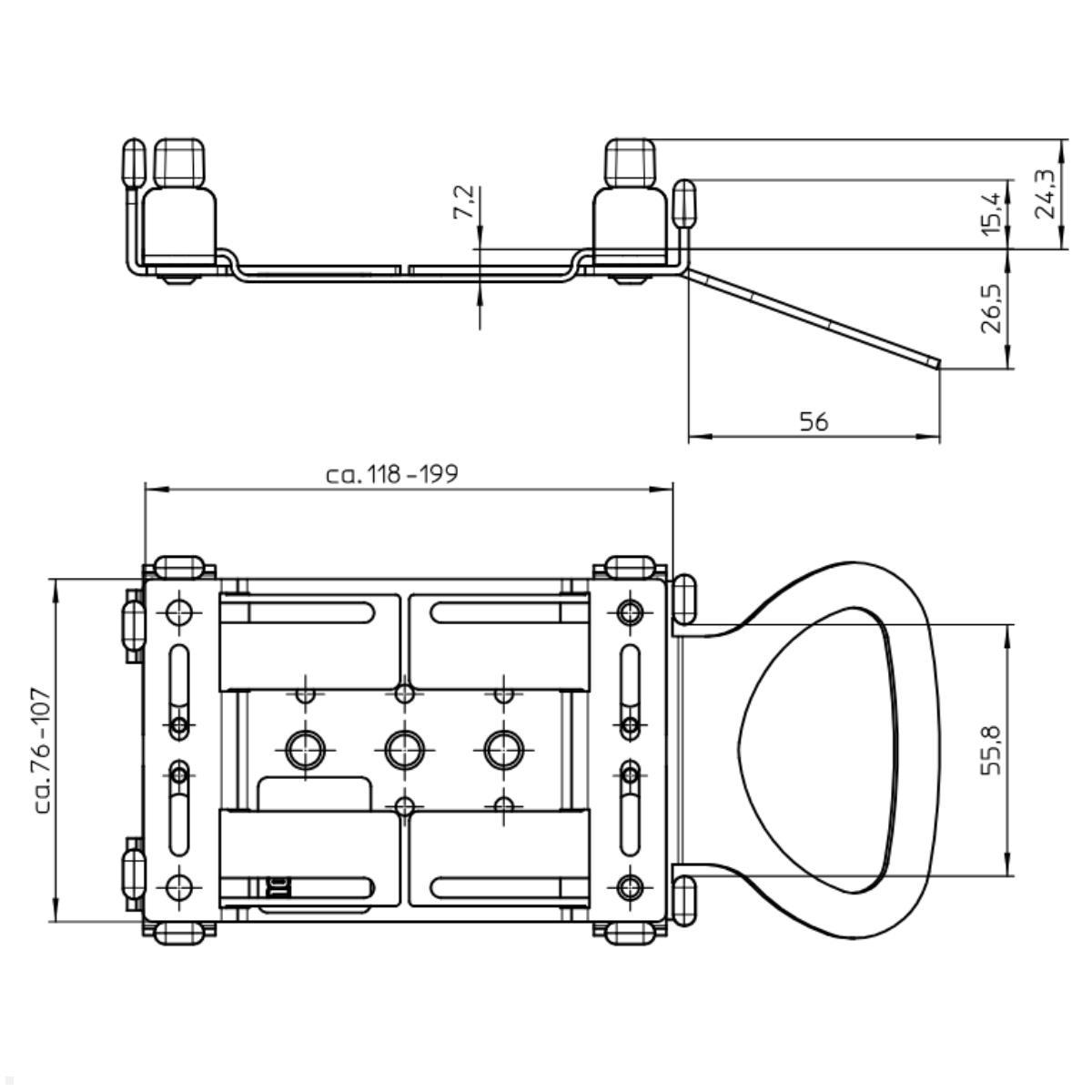 Novus POS base connect 100 mit EC Terminal Universal Adapter, technische Zeichnung Adapterplatte