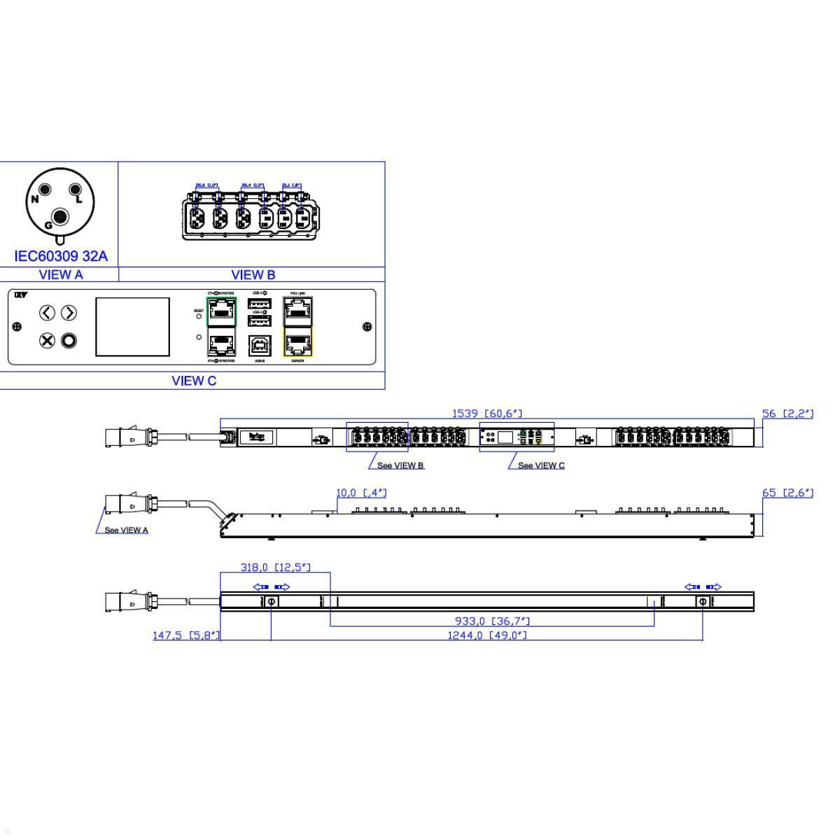 Legrand Raritan iX Rack-PDU 0U 1-phasig 230V 32A, 12xC13 / 12xCX, Input Metered (PX4-1161-E7), PDU 32A 0U vertikal