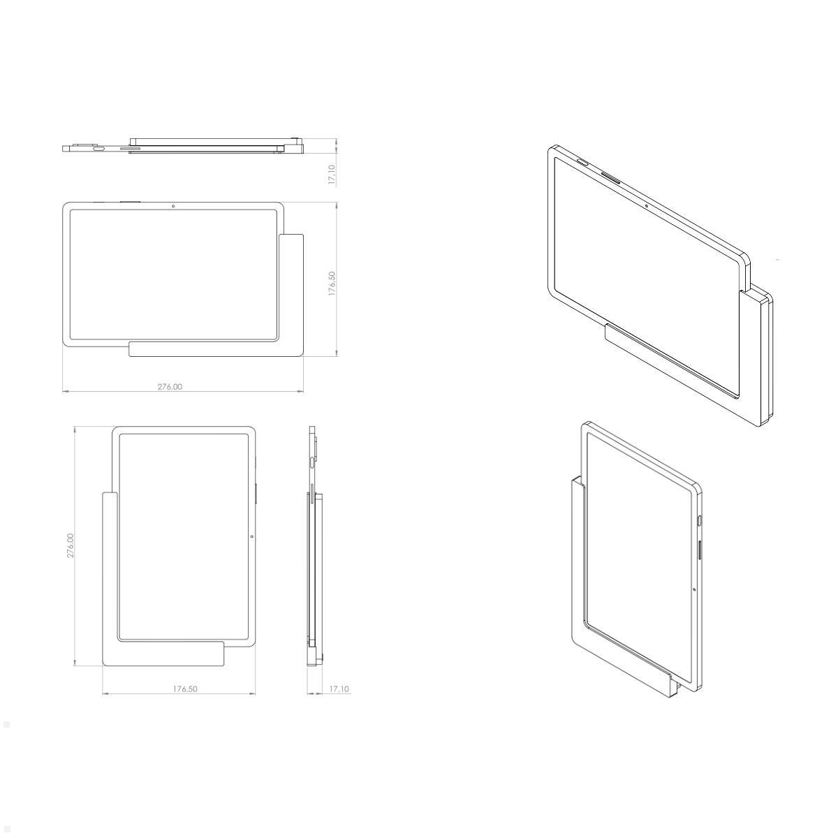 TabLines TWP020B Wandhalterung für Samsung Tab S8 11.0 (2022), schwarz, Zeichnung Maße mit Tablet TabLines TWP020B Wandhalterung für Samsung Tab S8 11.0 (2022), schwarz, Zeichnung Maße mit Tablet