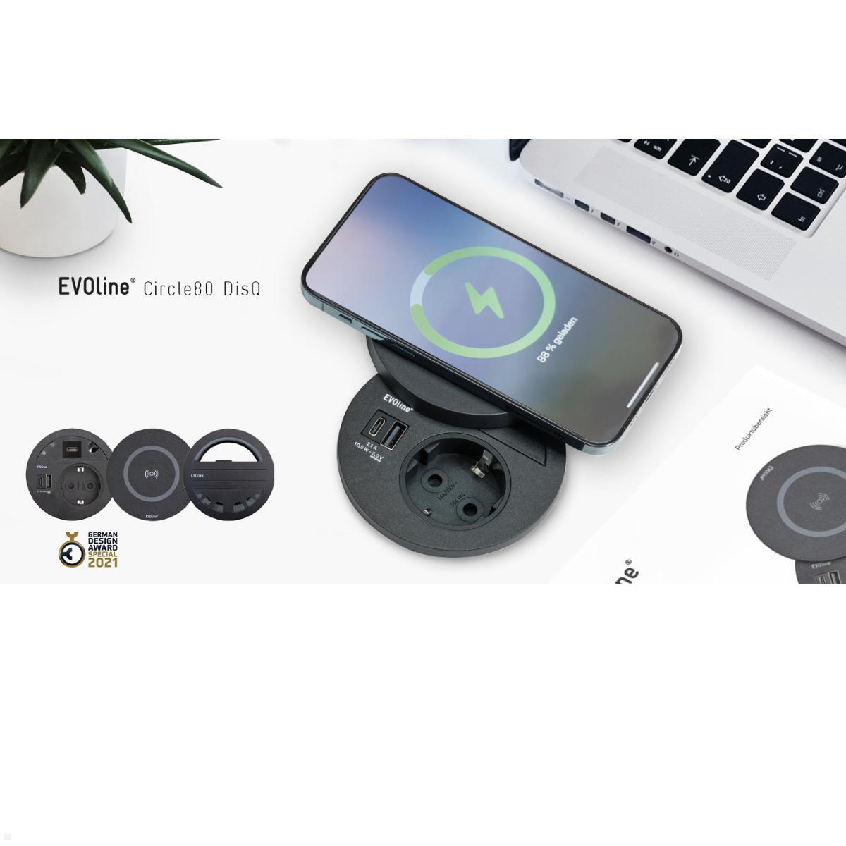 EVOline Circle80 Einbausteckdose mit USB-Charger C/C und DisQ Induktion-Charger, Anwendung