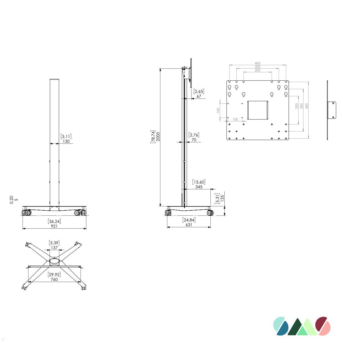 SMS Icon FH MT 2000 C Mobiler Monitorständer mit VESA Adapter bis 400x400 mm, schwarz techische Zeichnung SMS Icon FH MT 2000 C Mobiler Monitorständer mit VESA Adapter bis 400x400 mm, schwarz techische Zeichnung