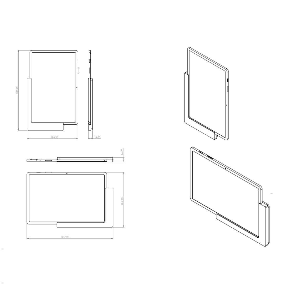 TabLines TWP021S Wandhalterung für Samsung Tab S8+ 12.4, silber, Zeichnung Maße mit Tablet TabLines TWP021S Wandhalterung für Samsung Tab S8+ 12.4, silber, Zeichnung Maße mit Tablet