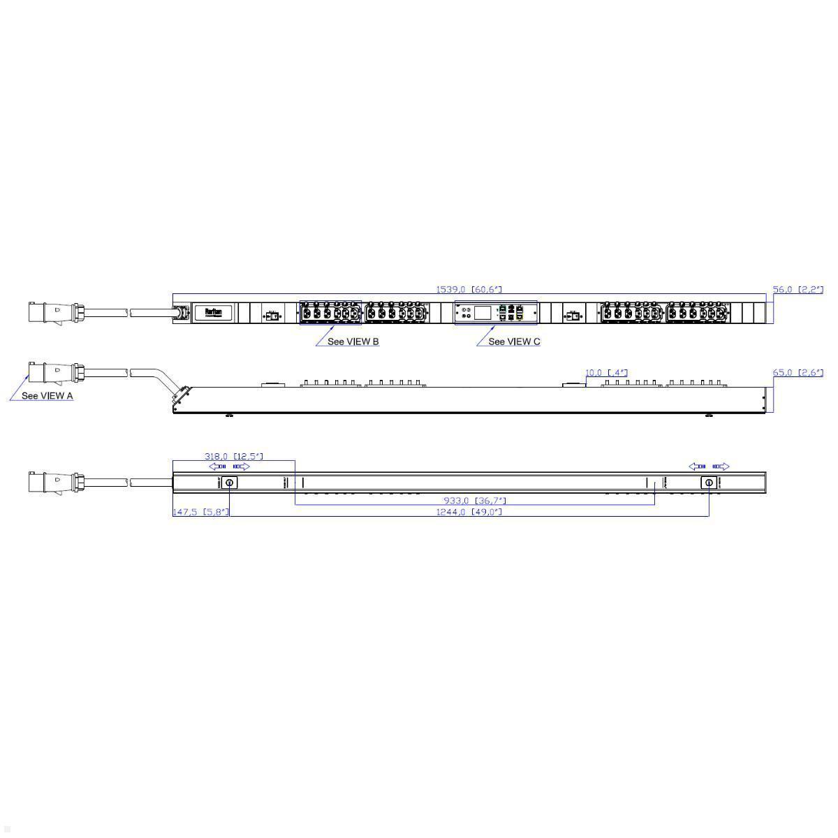 Legrand Raritan iX Rack-PDU 0U mit 12xHDOT C13 / 12xCx, 1-phasig 230V 32A, Outlet Metered/Switched (PX4-5161-E7), 0U vertikale Stromverteilung