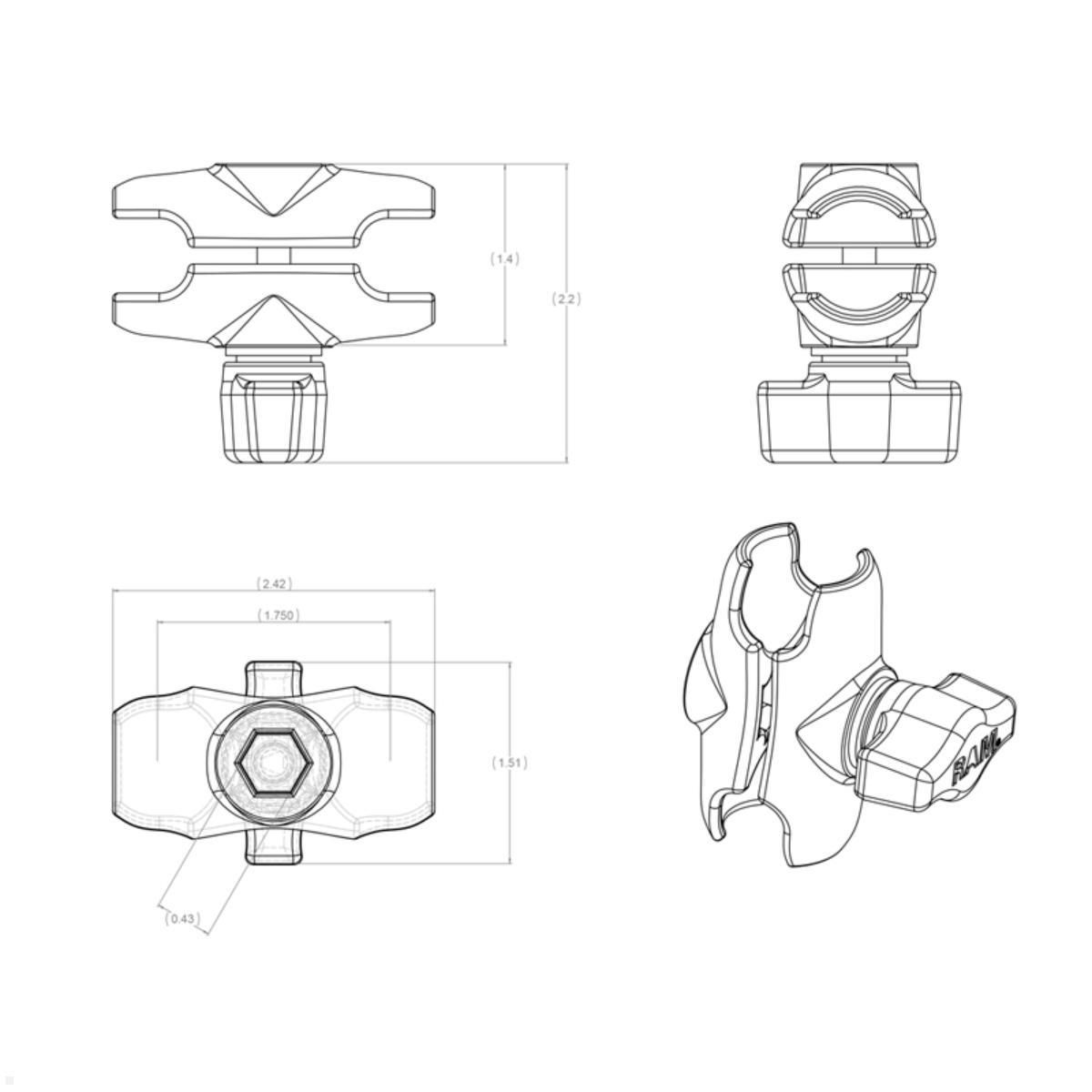 RAM Mounts Verbindungsarm kurz für B-Kugeln 1 Zoll (RAM-B-201U-A), Zeichnung Maße RAM Mounts Verbindungsarm kurz für B-Kugeln 1 Zoll (RAM-B-201U-A), Zeichnung Maße