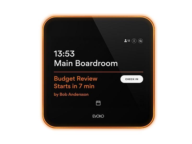 Evoko LISO Raumbuchungssystem digitales Türschild (ERM2001) Orange: Meeting beginnt bald