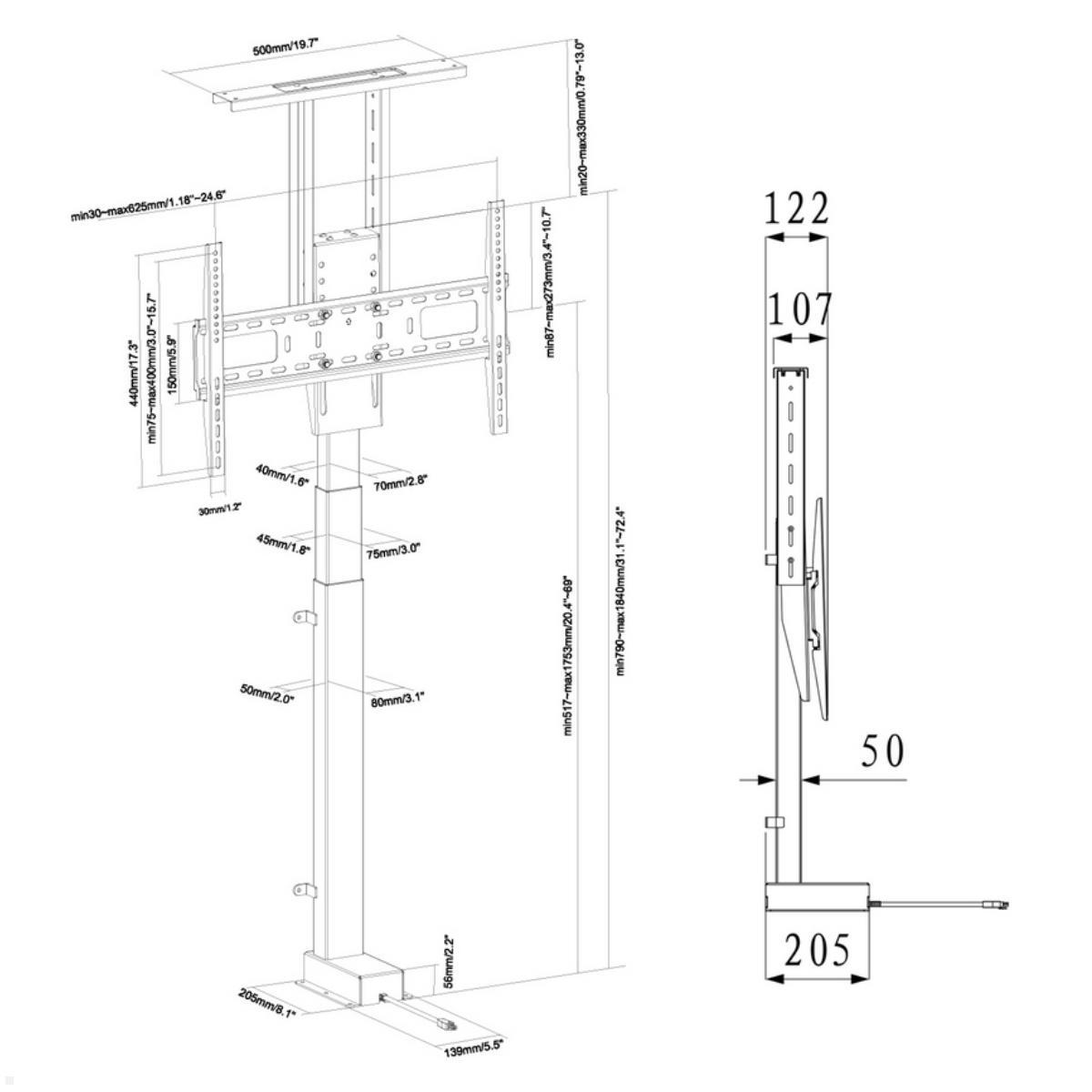 MonLines MLS032B Einbau TV Lift bis 80 Zoll, 1050 mm Hub, Maße MonLines MLS032B Einbau TV Lift bis 80 Zoll, 1050 mm Hub, Maße