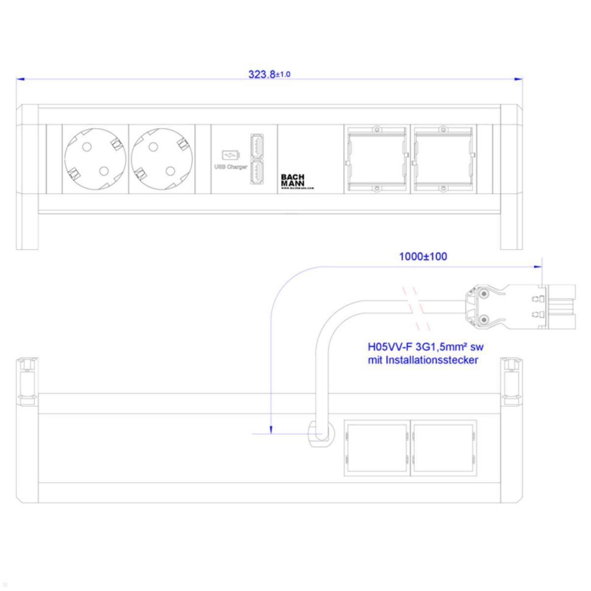 Bachmann DESK 2x Steckdose 1x USB-Charger A/A 2x CM (902.0245), Maße