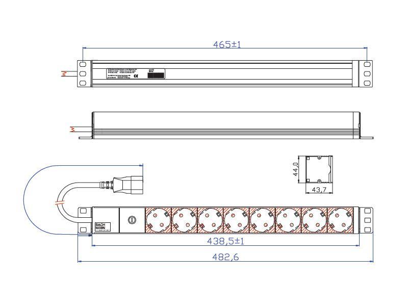 Bachmann 19 Zoll 8-fach Steckdosenleiste Feinsicherung 1HE (333.410), 19 Zoll PDU Basic