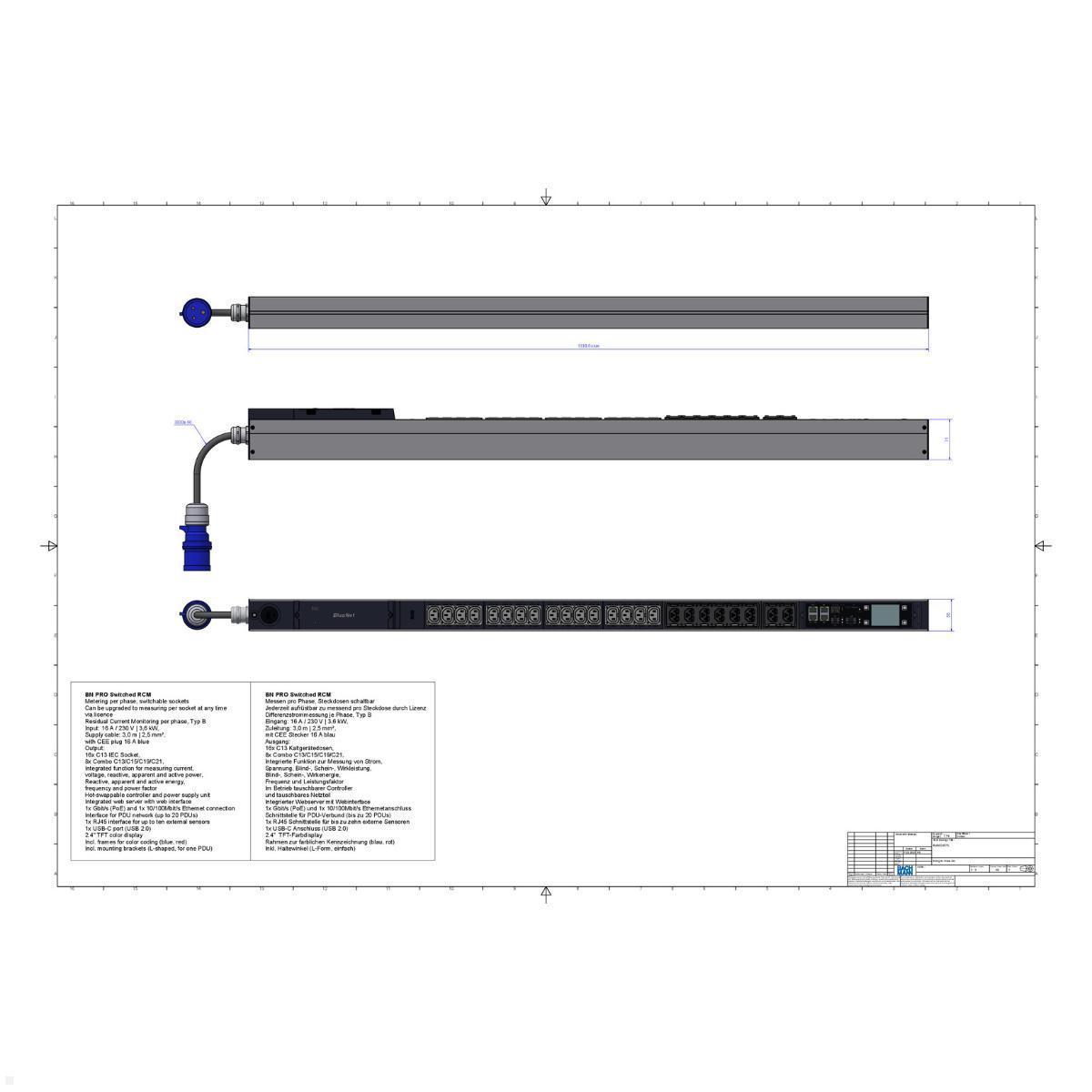 Bachmann BN PRO S Switched RCM - 16A Rack PDU mit 16xC13 8xCombo, 3,0m CEE 16A/3p (BM0024770), C13 Combo PDU