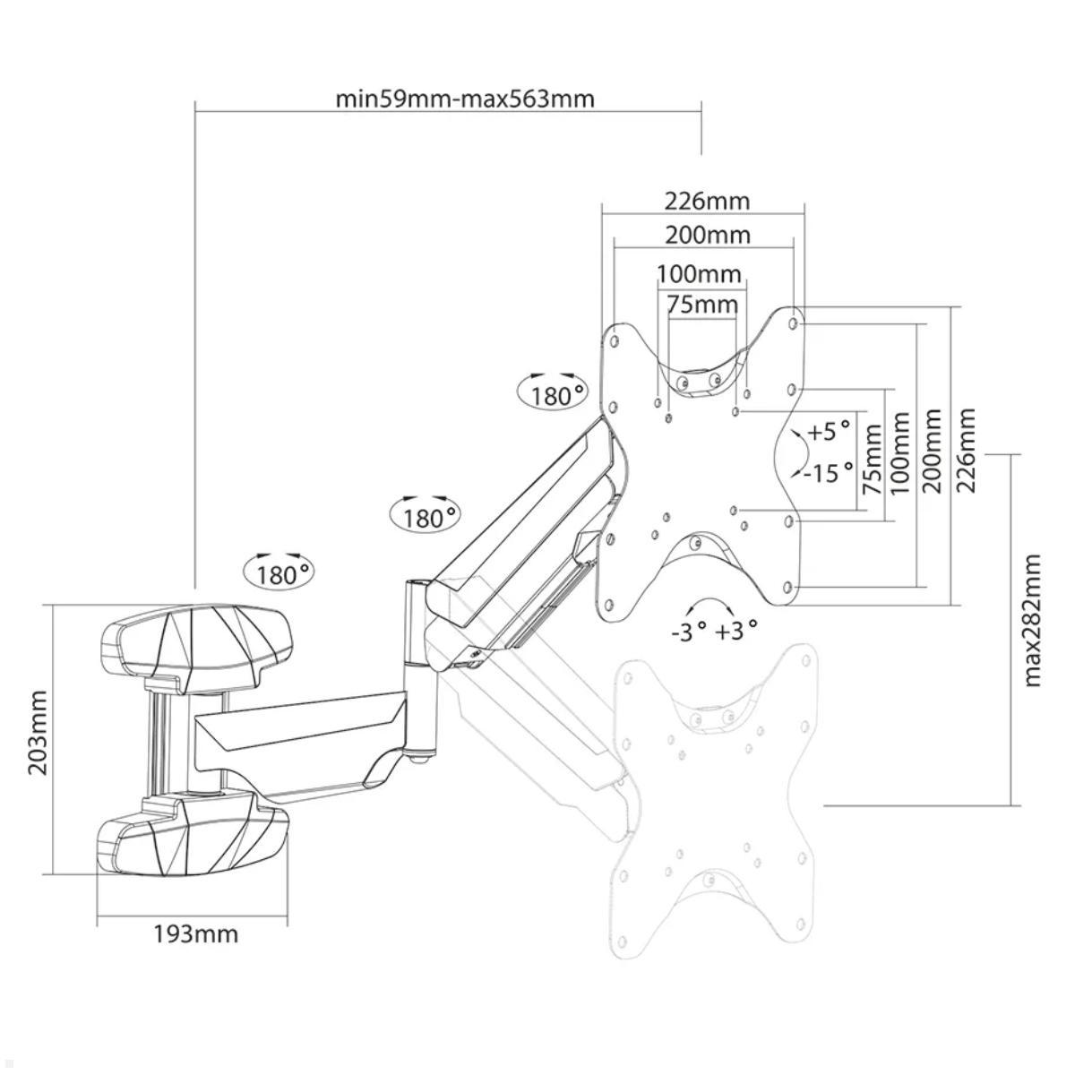 Neomounts WL70-550BL12 schwenkbare TV Wandhalterung 23-42 Zoll, schwarz, technische Zeichnung Neomounts WL70-550BL12 schwenkbare TV Wandhalterung 23-42 Zoll, schwarz, technische Zeichnung