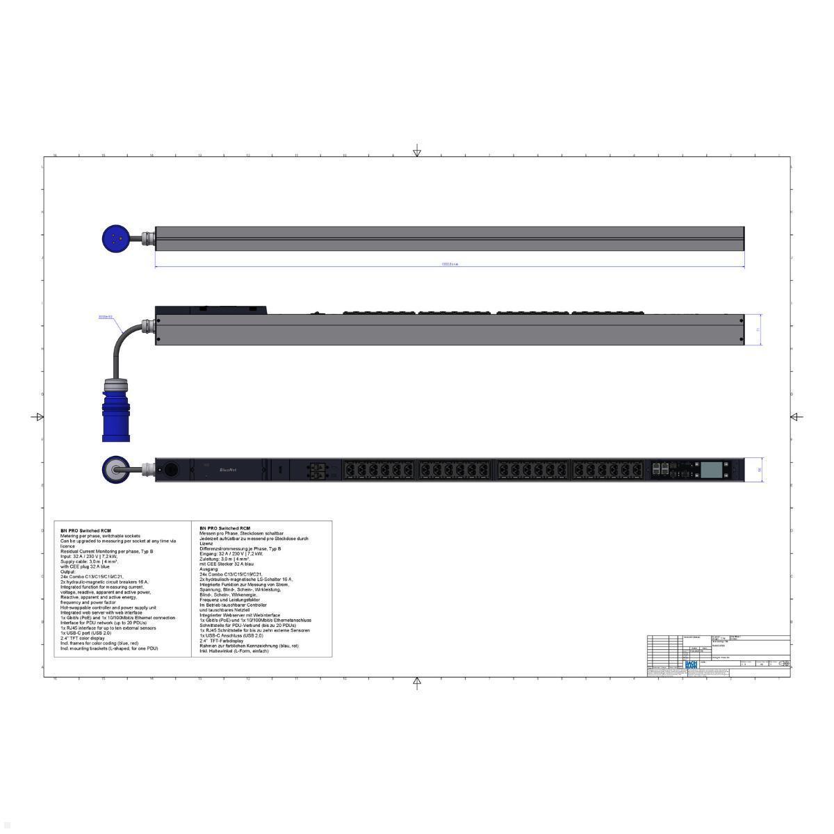Bachmann BN PRO S Switched RCM - 32A Rack PDU mit 24xCombo 2xMCB, 3,0m CEE 32A/3p (BM0024780), PDU 32A CEE 3-polig