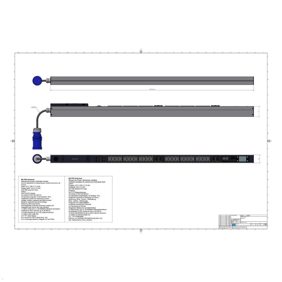 Bachmann BN PRO S Switched - 32A Rack PDU mit 24xC13 4xCombo 2xMCB, 3,0m CEE 32A/3p (BM0024777), C13 Combo MCB PDU