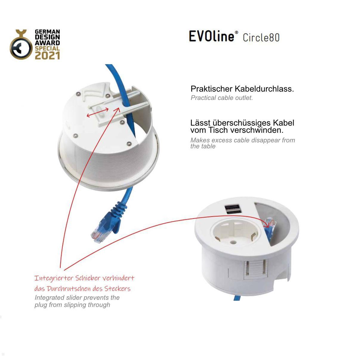 EVOline Circle80 Einbausteckdose mit USB-Charger C/C geschlossen, Details