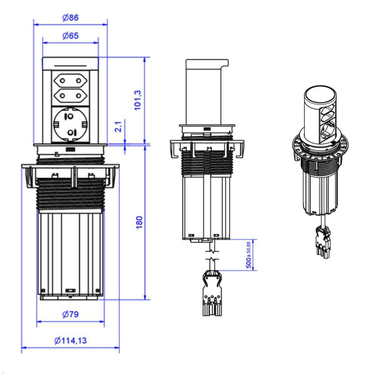 Bachmann ELEVATOR 2 Einbausteckdose 3-fach Schwarz matt – Montage in Arbeitsplatte