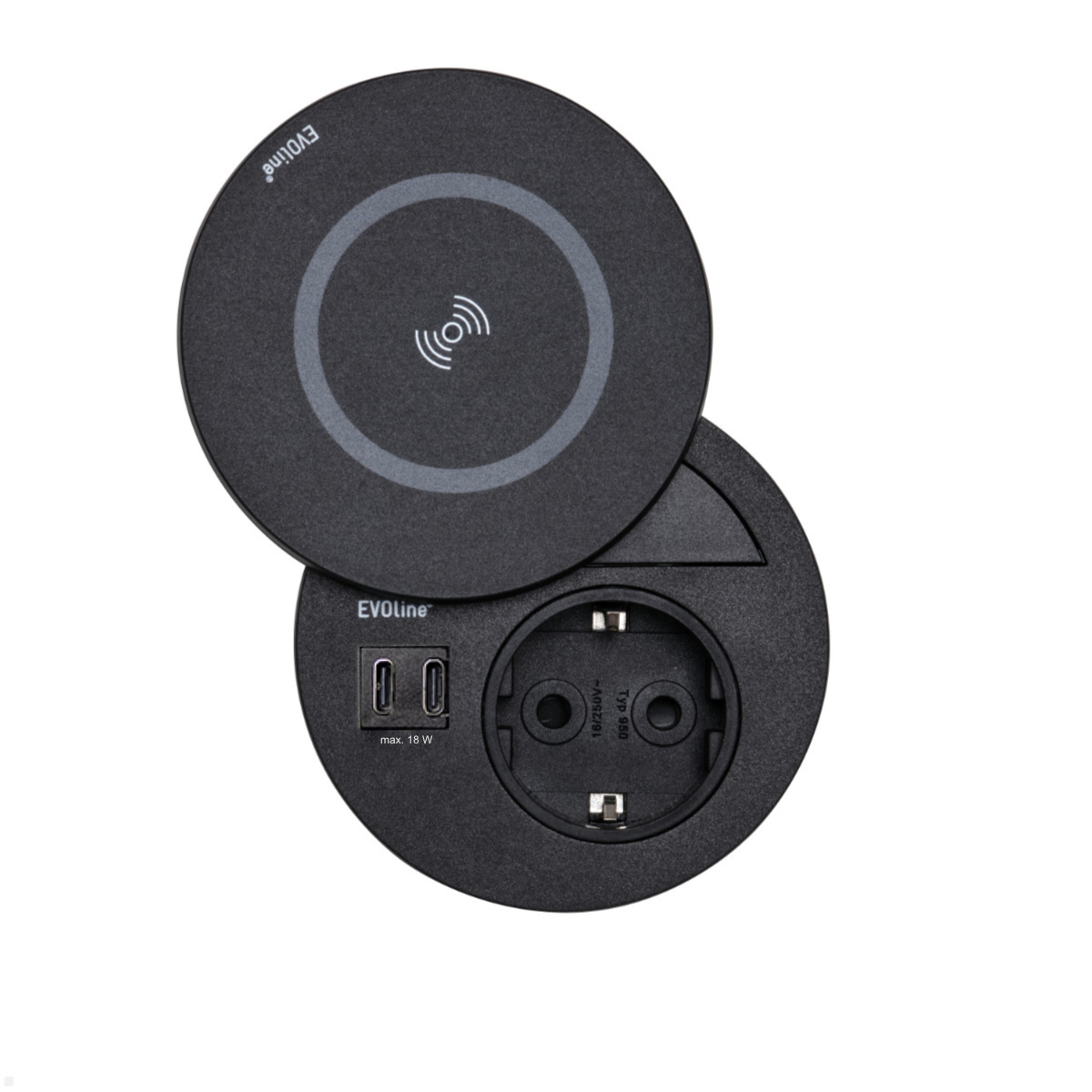 EVOline Circle80 Einbausteckdose mit USB-Charger C/C und DisQ Induktion-Charger, schwarz