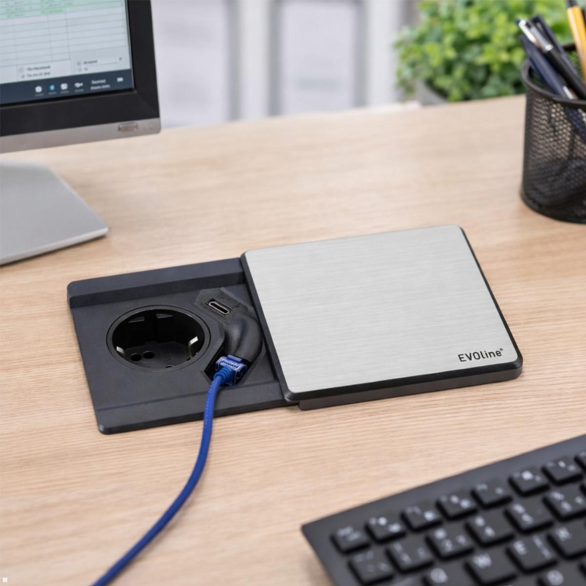 EVOline Square80 Einbausteckdose mit USB-C, CAT6 Patchkabel, Edelstahl, Beispiel