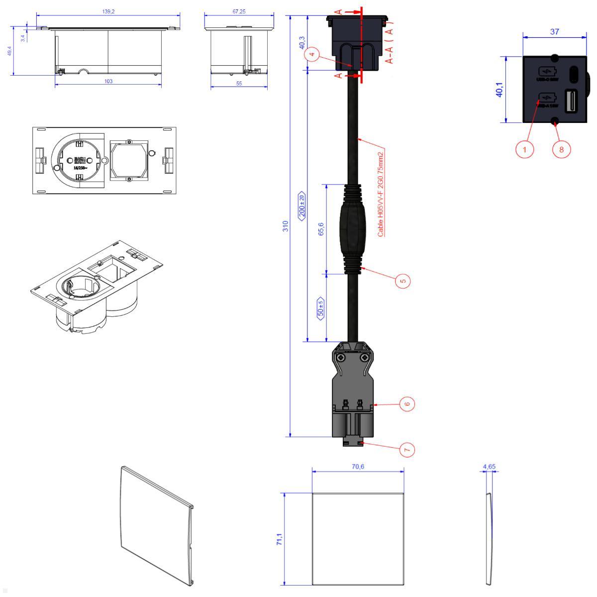 Bachmann DUE Steckdose, USB-Charger A/C, Deckel, Edelstahl (929.227DE), technische Zeichnung Bachmann DUE Steckdose, USB-Charger A/C, Deckel, Edelstahl (929.227DE), technische Zeichnung