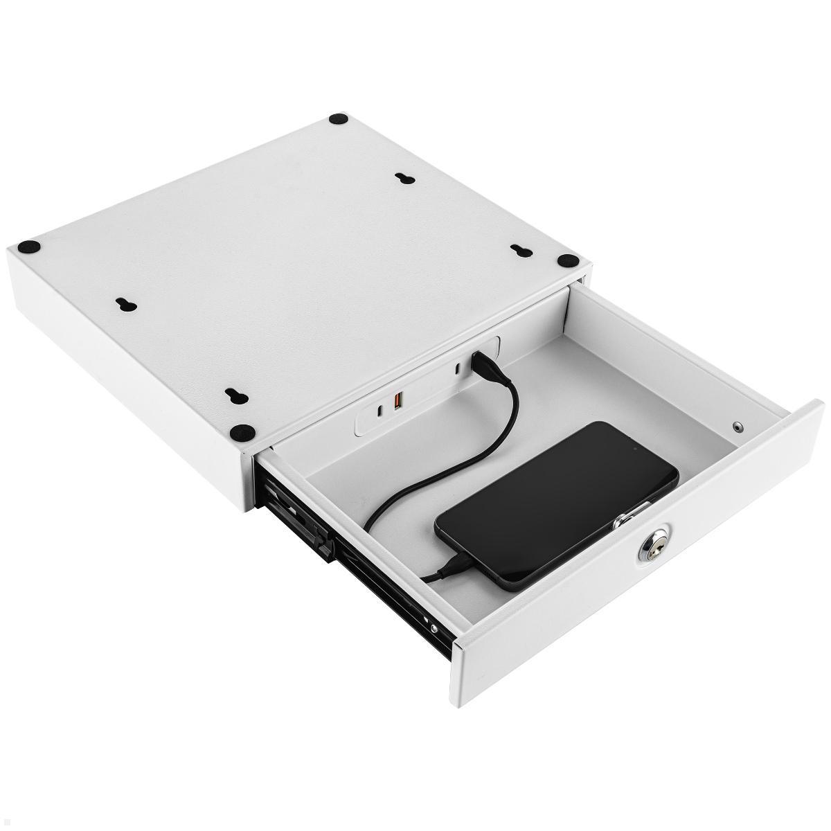 Fellowes Drawer Unterbau Schublade mit USB A/C, Abbildung mit Smartphone beim Laden