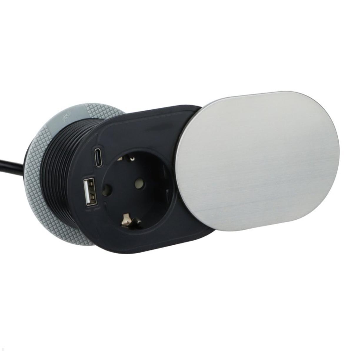 TecLines TES013S Einbausteckdose mit USB-Charger A/C, Schiebedeckel, silber, versenkbare Möbelsteckdose