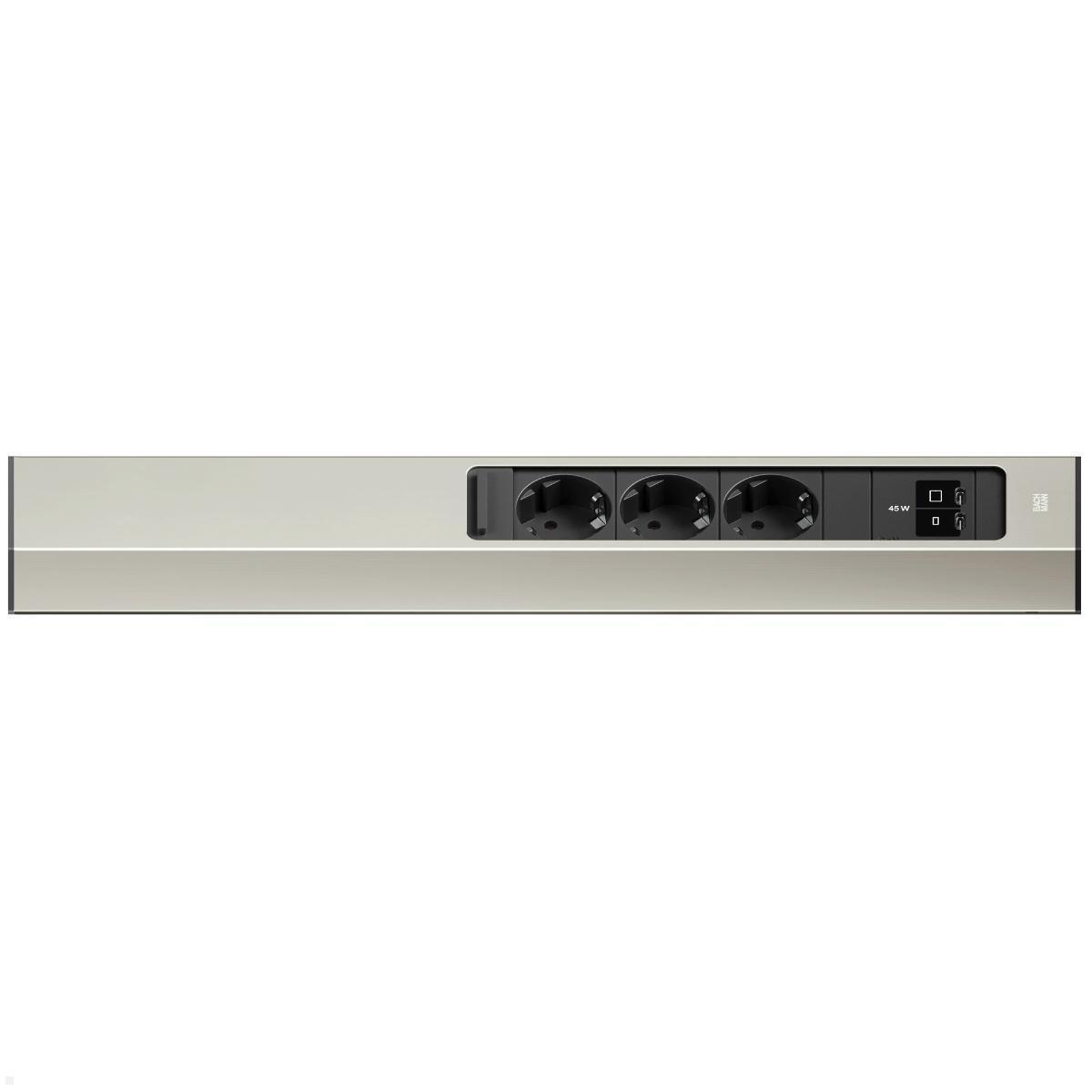Bachmann CASIA 2 3x Steckdose 1x USB C/C 45W, 2m Zuleitung (BM0023174), Edelstahl Optik, Eck Steckdosenleiste geöffnet
