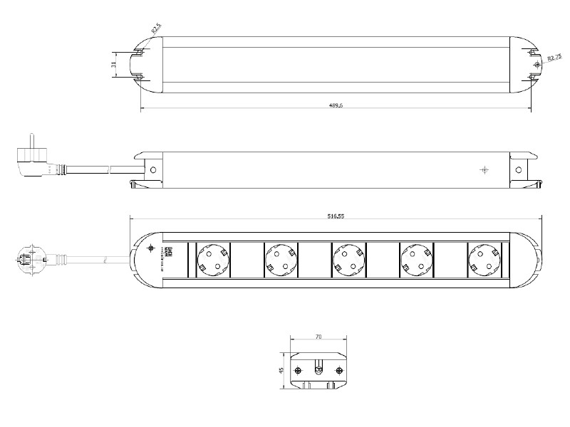 Bachmann PRIMO 5x Steckdosenleiste mit 2m Zuleitung (331.032) Zeichnung Bachmann PRIMO 5x Steckdosenleiste mit 2m Zuleitung (331.032) Zeichnung